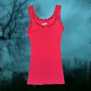 Valrntine's Y2K Stretch Ribbed Lace Trim Cami Tank Top Scarlet